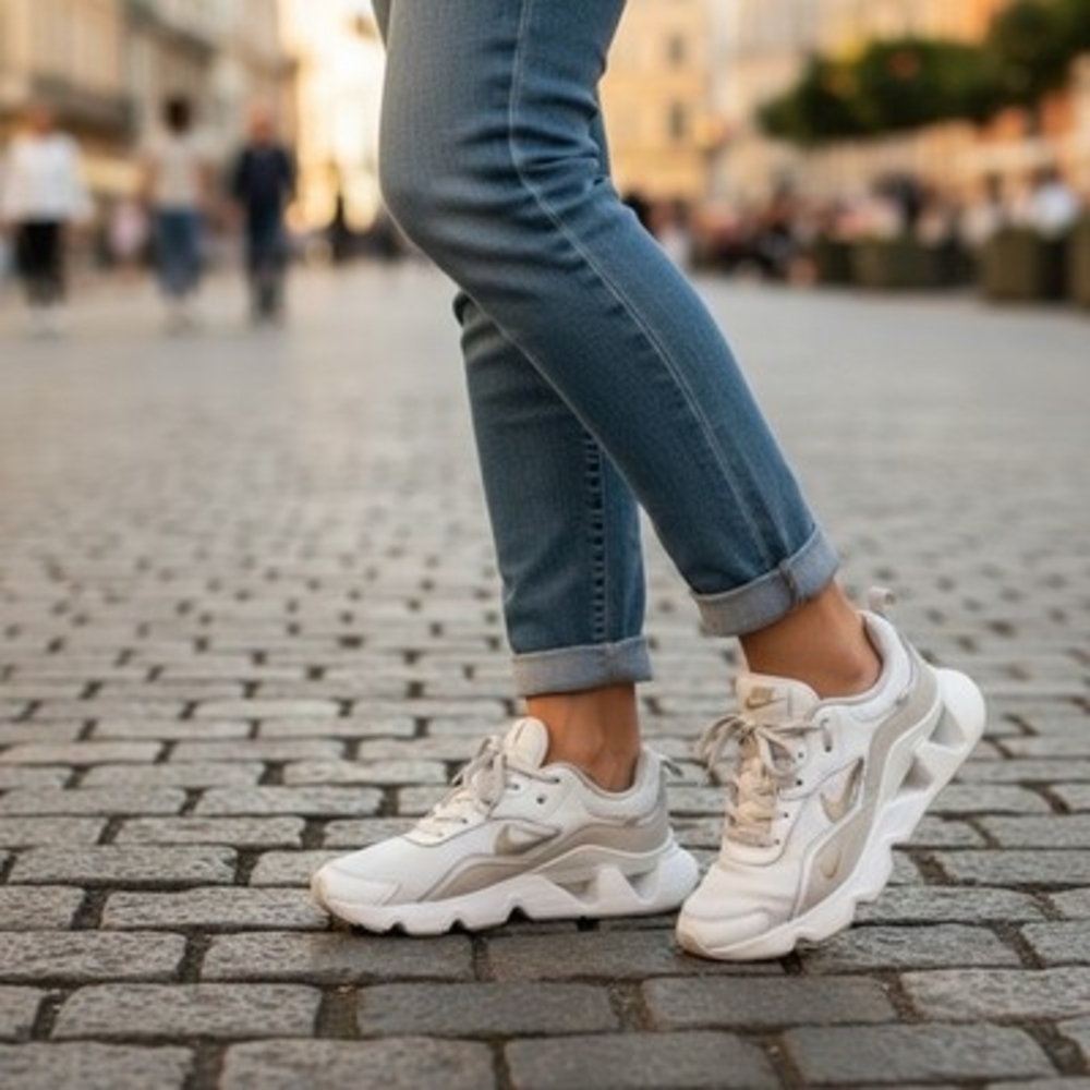 Nike Women’s White Leather Sneakers Gold Logo Casual Athletic Shoes Size 7.5 - Picture 1 of 11